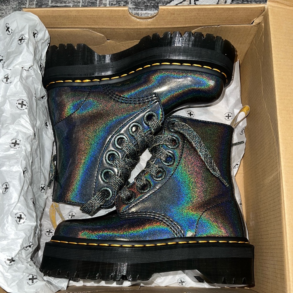 Dr. Martens Holographic/Gunmetal iridescent Vegan Molly Jadon Boots Size 5 36 EU